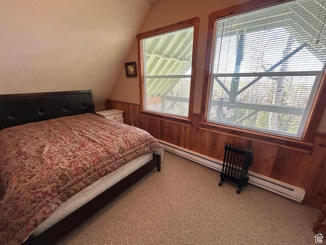 468 E Trail Rd, Brian Head, UT 84719 - bedroom with carpet flooring, lofted ceiling, a wainscoted wall, wood walls, and baseboard heating