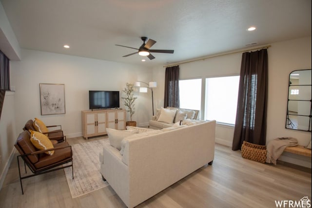3999 W 2050 S, Taylor, UT 84401 - living room featuring a ceiling fan, light wood finished floors, and recessed lighting