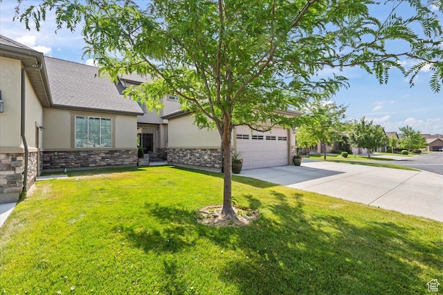 10787 N Town Center Pkwy, Highland, UT 84003 - view of front of property with stucco siding, concrete driveway, stone siding, and a front yard