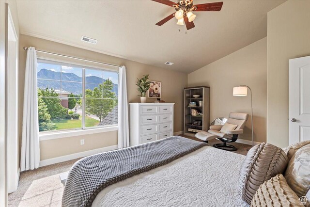 10787 N Town Center Pkwy, Highland, UT 84003 - bedroom featuring carpet floors, a mountain view, vaulted ceiling, and a ceiling fan