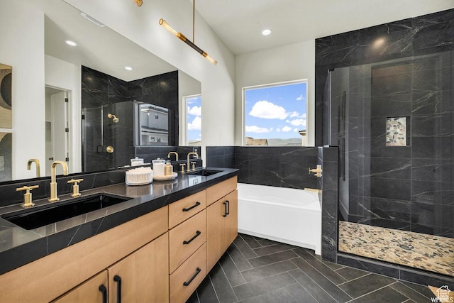 1621 E Centaurus Way Unit 109, Washington, UT 84780 - full bath with a stall shower, double vanity, a bath, tile patterned flooring, and recessed lighting