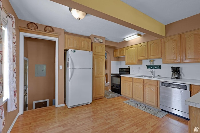 522 E Diana St, South Ogden, UT 84403 - kitchen featuring freestanding refrigerator, dishwasher, black / electric stove, light countertops, and light wood-style flooring