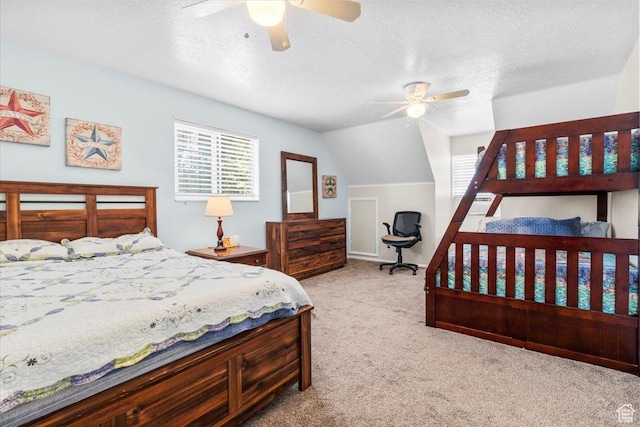 360 S 300 E, Ephraim, UT 84627 - carpeted bedroom with a textured ceiling, lofted ceiling, and a ceiling fan