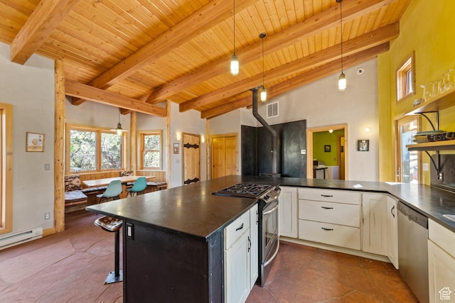 338 Taylor Ln, Castle Valley, UT 84532 - kitchen featuring stainless steel appliances, dark countertops, a wooden ceiling with exposed beams, a baseboard radiator, and hanging light fixtures