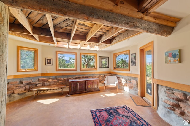 338 Taylor Ln, Castle Valley, UT 84532 - bathroom with healthy amount of natural light, wainscoting, and a wood ceiling with exposed beams