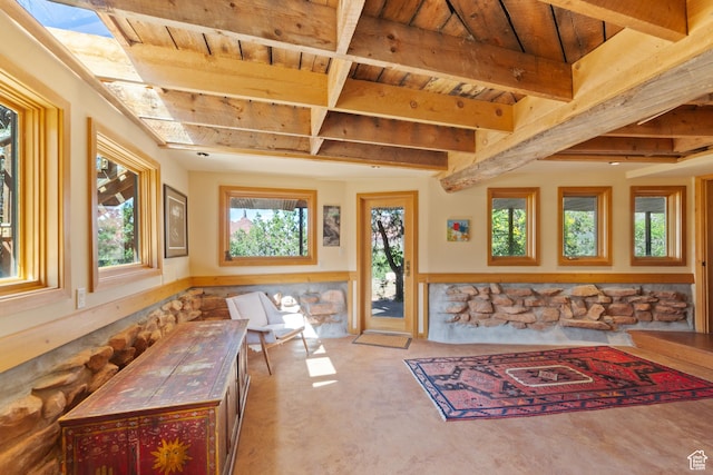 338 Taylor Ln, Castle Valley, UT 84532 - living room featuring plenty of natural light, a wooden ceiling with exposed beams, and wainscoting