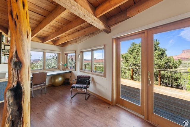 338 Taylor Ln, Castle Valley, UT 84532 - sunroom / solarium featuring a wood ceiling with exposed beams and wood finished floors