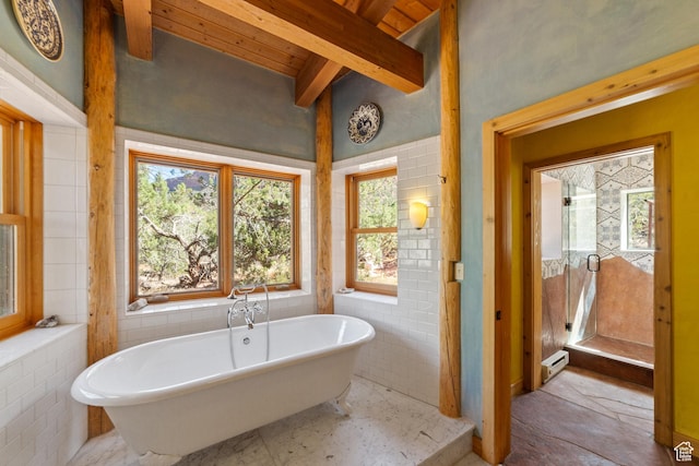 338 Taylor Ln, Castle Valley, UT 84532 - full bathroom with a freestanding tub, a stall shower, a wooden ceiling with exposed beams, and a baseboard heating unit