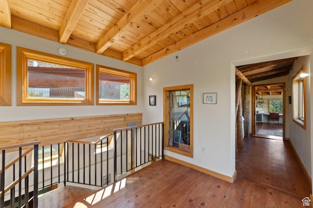 338 Taylor Ln, Castle Valley, UT 84532 - corridor featuring an upstairs landing, a wood ceiling with exposed beams, and wood-type flooring