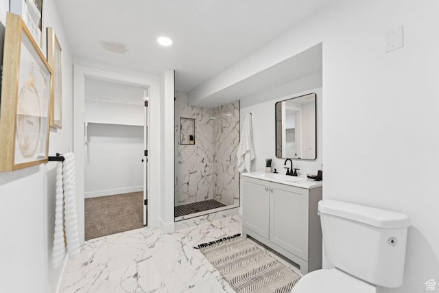147 E 1700 S, Orem, UT 84058 - bathroom with marble look tile flooring, vanity, a marble finish shower, and recessed lighting