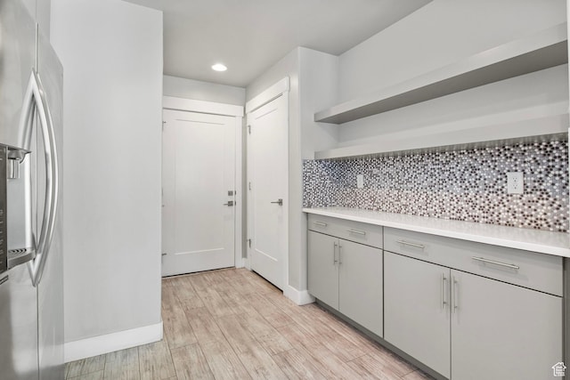 1371 W Stewart Falls Dr, Riverton, UT 84065 - kitchen featuring open shelves, gray cabinets, light countertops, backsplash, and recessed lighting