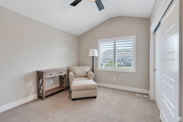 6462 W Shawnee Marie Way, Herriman, UT 84096 - sitting room with a ceiling fan, vaulted ceiling, and light colored carpet