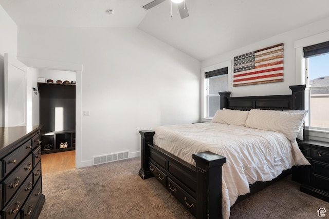 5057 N Foxtail W, Eagle Mountain, UT 84005 - bedroom with vaulted ceiling, carpet floors, and a ceiling fan
