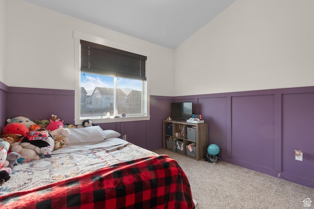 5057 N Foxtail W, Eagle Mountain, UT 84005 - carpeted bedroom with a decorative wall, lofted ceiling, and a wainscoted wall