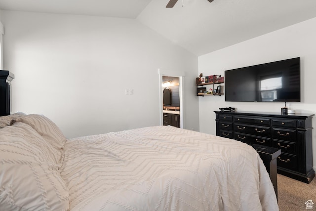 5057 N Foxtail W, Eagle Mountain, UT 84005 - bedroom with vaulted ceiling, light colored carpet, ceiling fan, and ensuite bath
