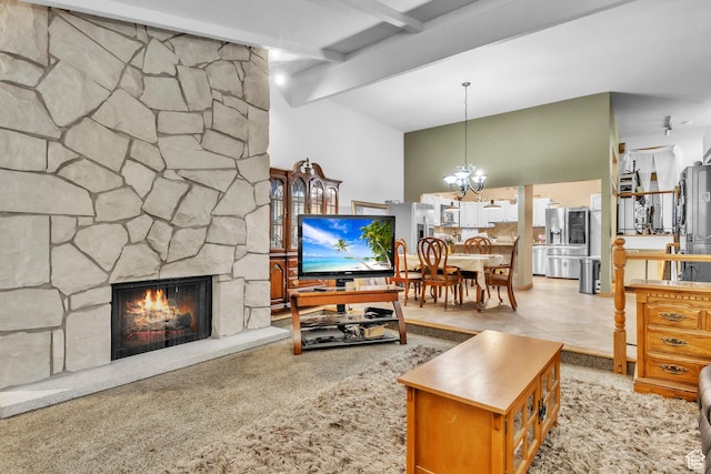 1876 E Casino Way S, Murray, UT 84121 - living area with a chandelier, beam ceiling, and a fireplace
