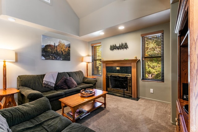2100 Canyons Resort Dr Unit 21C, Park City, UT 84098 - carpeted living room with vaulted ceiling, recessed lighting, and a high end fireplace