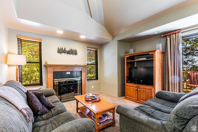 2100 Canyons Resort Dr Unit 21C, Park City, UT 84098 - living area featuring light colored carpet, vaulted ceiling, recessed lighting, a high end fireplace, and plenty of natural light