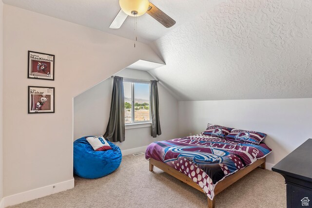 269 Cook Ln, Grantsville, UT 84029 - carpeted bedroom with lofted ceiling, a ceiling fan, and a textured ceiling