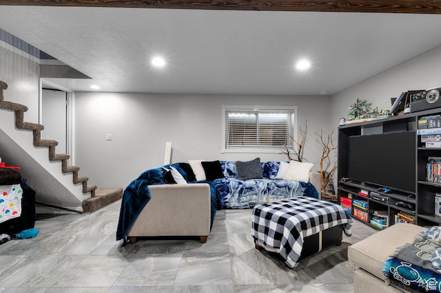 5370 W Cadenza Dr S, West Jordan, UT 84081 - living room featuring stairs and recessed lighting