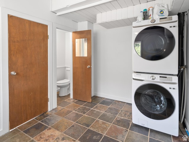 4410 S Upper Aspen Loop Unit 130, Kamas, UT 84036 - washroom with stacked washer / dryer, stone tile flooring, and wood ceiling