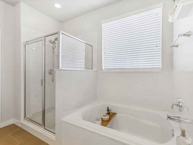 6612 W Terrace Wash Ln S Unit 119, West Jordan, UT 84081 - bathroom featuring a shower stall, a bath, and recessed lighting