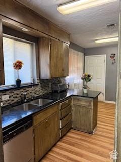 3035 Brinker Ave, Ogden, UT 84403 - kitchen with stainless steel dishwasher, dark countertops, light wood finished floors, decorative backsplash, and a peninsula