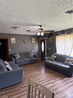 3035 Brinker Ave, Ogden, UT 84403 - living area featuring a ceiling fan, wood finished floors, and a textured ceiling