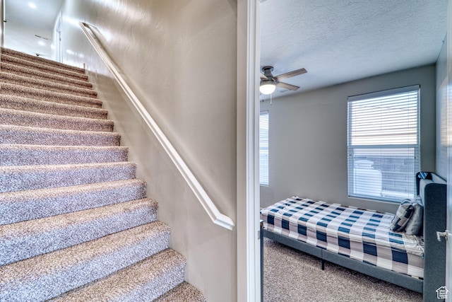 3410 W 2490 S, Hurricane, UT 84737 - stairs with carpet floors, ceiling fan, and a textured ceiling