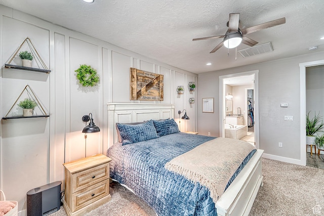 3410 W 2490 S, Hurricane, UT 84737 - bedroom featuring light carpet, recessed lighting, a textured ceiling, ensuite bath, and a ceiling fan