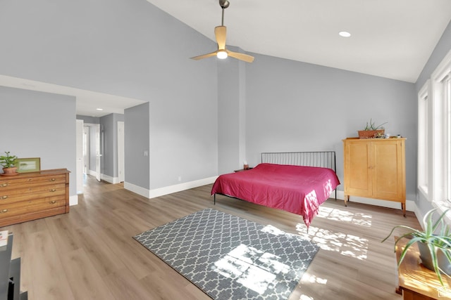468 N E St, Salt Lake City, UT 84103 - bedroom with light wood-style flooring, high vaulted ceiling, recessed lighting, and a ceiling fan