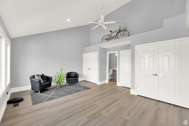 468 N E St, Salt Lake City, UT 84103 - living area with ceiling fan, high vaulted ceiling, wood finished floors, and recessed lighting
