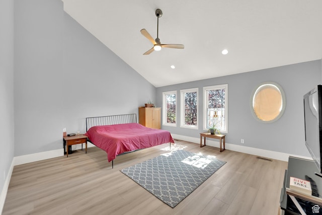 468 N E St, Salt Lake City, UT 84103 - bedroom featuring light wood-type flooring, recessed lighting, a ceiling fan, and high vaulted ceiling