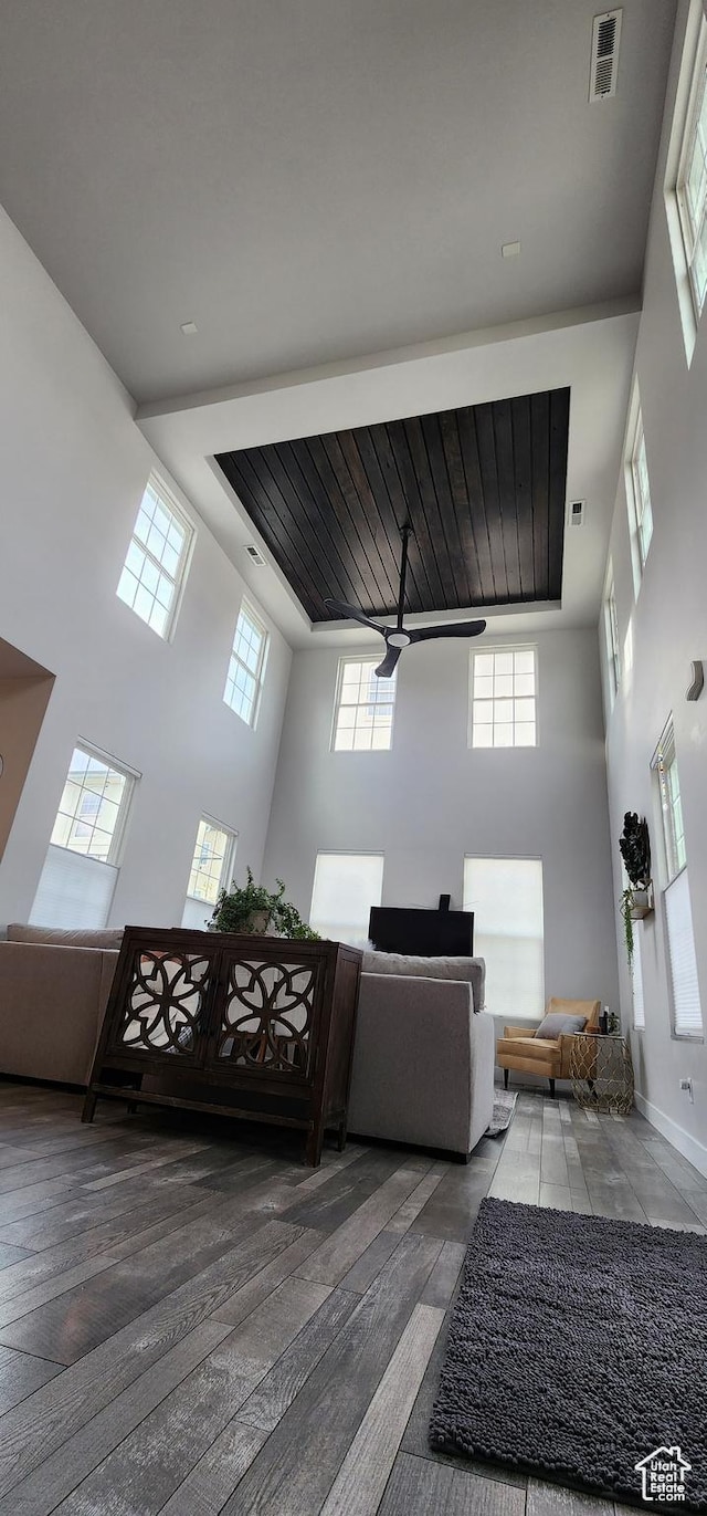 5332 W Scout Plane Ln, South Jordan, UT 84009 - living area with a high ceiling, wood finished floors, and ceiling fan