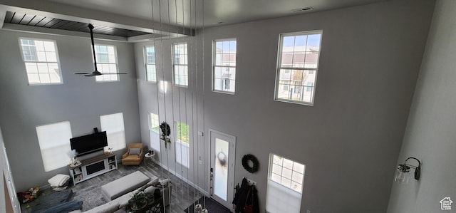 5332 W Scout Plane Ln, South Jordan, UT 84009 - foyer entrance with wood finished floors, a high ceiling, plenty of natural light, and ceiling fan