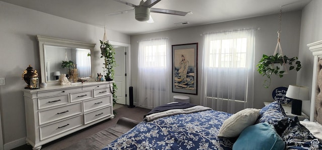 5332 W Scout Plane Ln, South Jordan, UT 84009 - bedroom with multiple windows, dark colored carpet, and ceiling fan