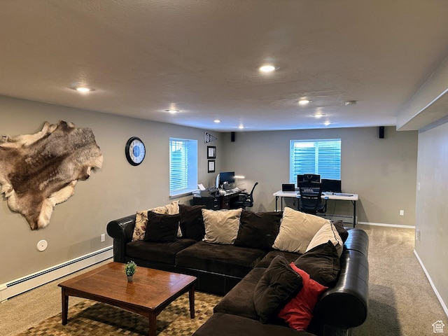 8675 S Pebblecreek Rd, West Jordan, UT 84081 - living room featuring a baseboard heating unit, light colored carpet, an office area, and recessed lighting