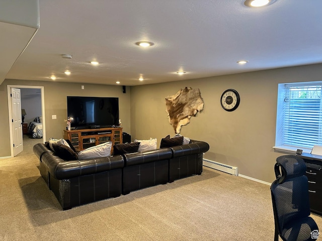 8675 S Pebblecreek Rd, West Jordan, UT 84081 - living area with light carpet, a baseboard radiator, and recessed lighting