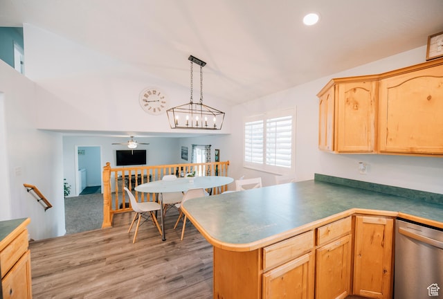 9961 N 4680 W, Cedar Hills, UT 84062 - kitchen featuring dishwasher, light wood-style floors, light brown cabinets, ceiling fan, and a peninsula