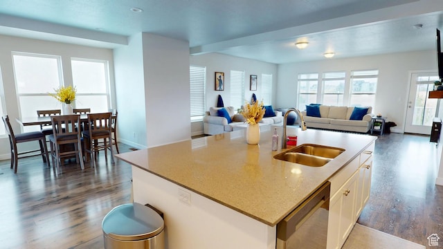 11393 S Prosperity Rd W, South Jordan, UT 84009 - kitchen featuring wood finished floors, stainless steel dishwasher, open floor plan, white cabinets, and an island with sink