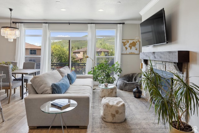 1348 Fiddich Glen Ln, Park City, UT 84098 - living room with a chandelier, wood finished floors, crown molding, and recessed lighting