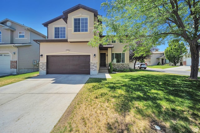 5961 W Chiswick Ct, West Jordan, UT 84081 - view of front of property with stucco siding, stone siding, an attached garage, a front lawn, and concrete driveway
