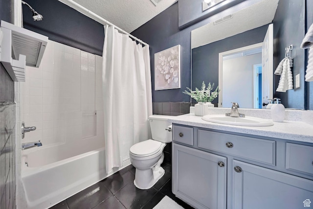 5961 W Chiswick Ct, West Jordan, UT 84081 - bathroom with tile patterned flooring, vanity, shower / bath combo with shower curtain, and a textured ceiling