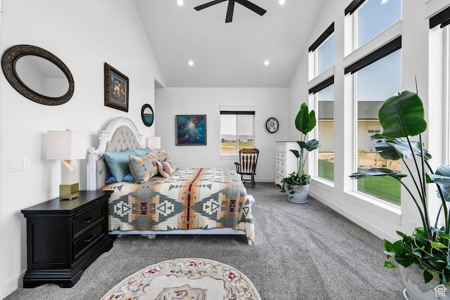 1952 N Sr 118, Monroe, UT 84754 - carpeted bedroom with high vaulted ceiling, multiple windows, recessed lighting, and ceiling fan