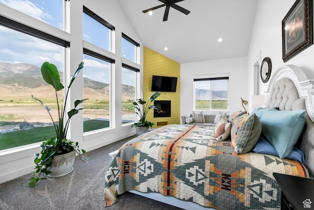 1952 N Sr 118, Monroe, UT 84754 - bedroom featuring high vaulted ceiling, multiple windows, recessed lighting, carpet, and a large fireplace