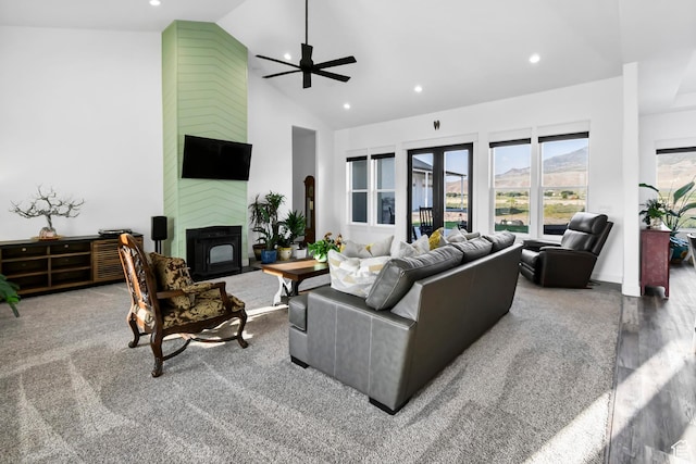 1952 N Sr 118, Monroe, UT 84754 - carpeted living room featuring a ceiling fan, recessed lighting, high vaulted ceiling, and a large fireplace