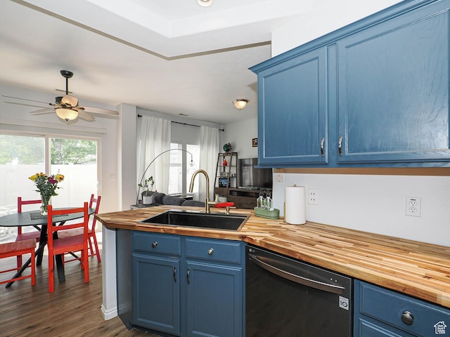 12102 S Mountain Peak Dr, Draper, UT 84020 - kitchen featuring dishwasher, wooden counters, blue cabinets, a peninsula, and ceiling fan