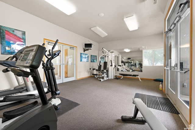 12102 S Mountain Peak Dr, Draper, UT 84020 - gym with french doors and carpet flooring