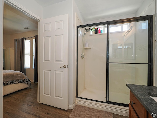 12102 S Mountain Peak Dr, Draper, UT 84020 - bathroom with a shower stall, wood finished floors, and vanity