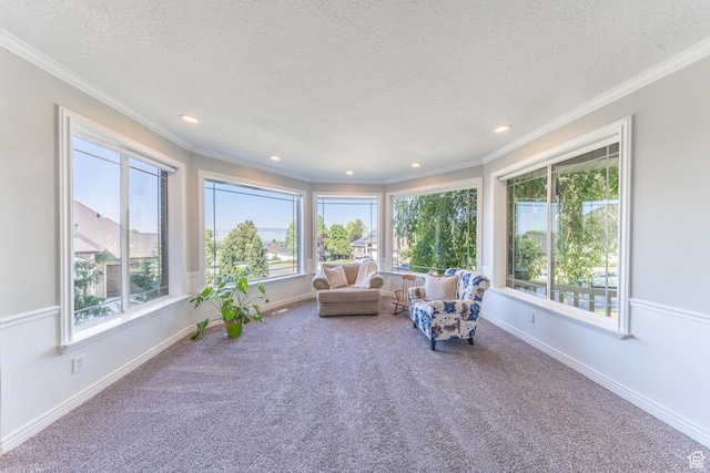 1320 E Canberra Dr, Lindon, UT 84042 - sunroom featuring a textured ceiling, carpet, healthy amount of natural light, ornamental molding, and recessed lighting
